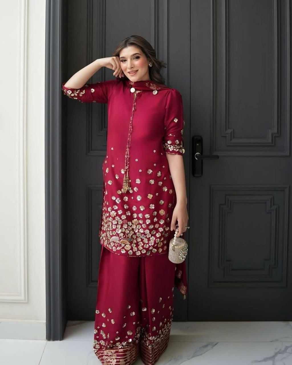 Stunning Crimson Red Mirror Work Farshi Salwar Suit