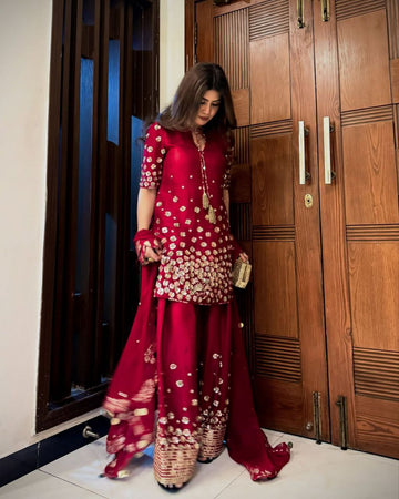 Stunning Crimson Red Mirror Work Farshi Salwar Suit