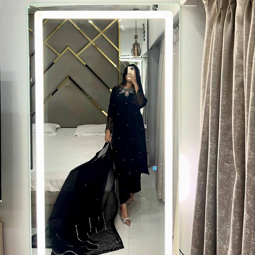 Black Embroidered Satin Kurta Set With Duptta