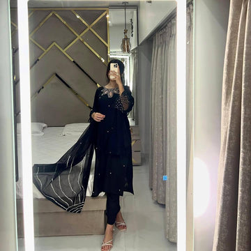Black Embroidered Satin Kurta Set With Duptta