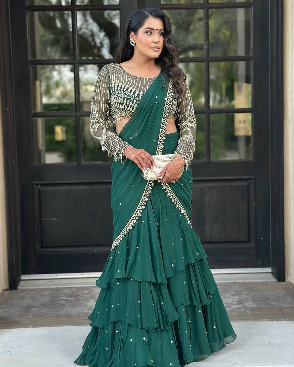 Green Ready To Wear Lehenga Saree