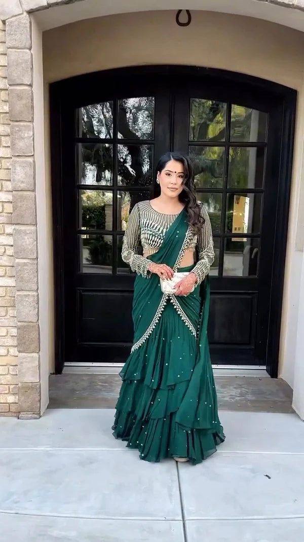 Green Ready To Wear Lehenga Saree