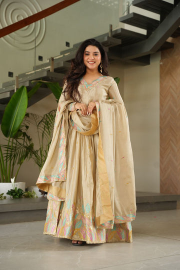 Featuring Beige &  Purple Embroidered Anarkali Set