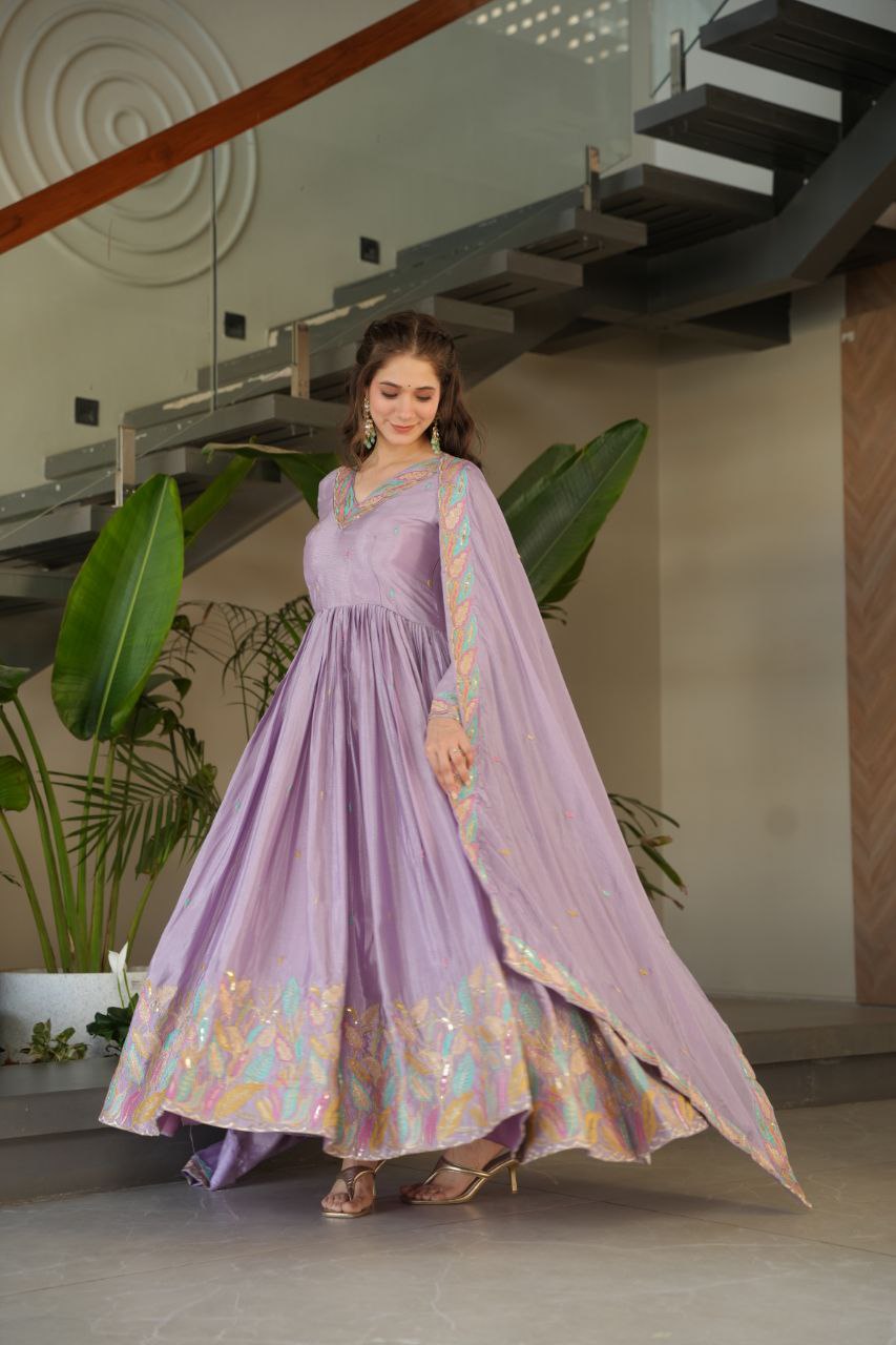 Featuring Beige &  Purple Embroidered Anarkali Set