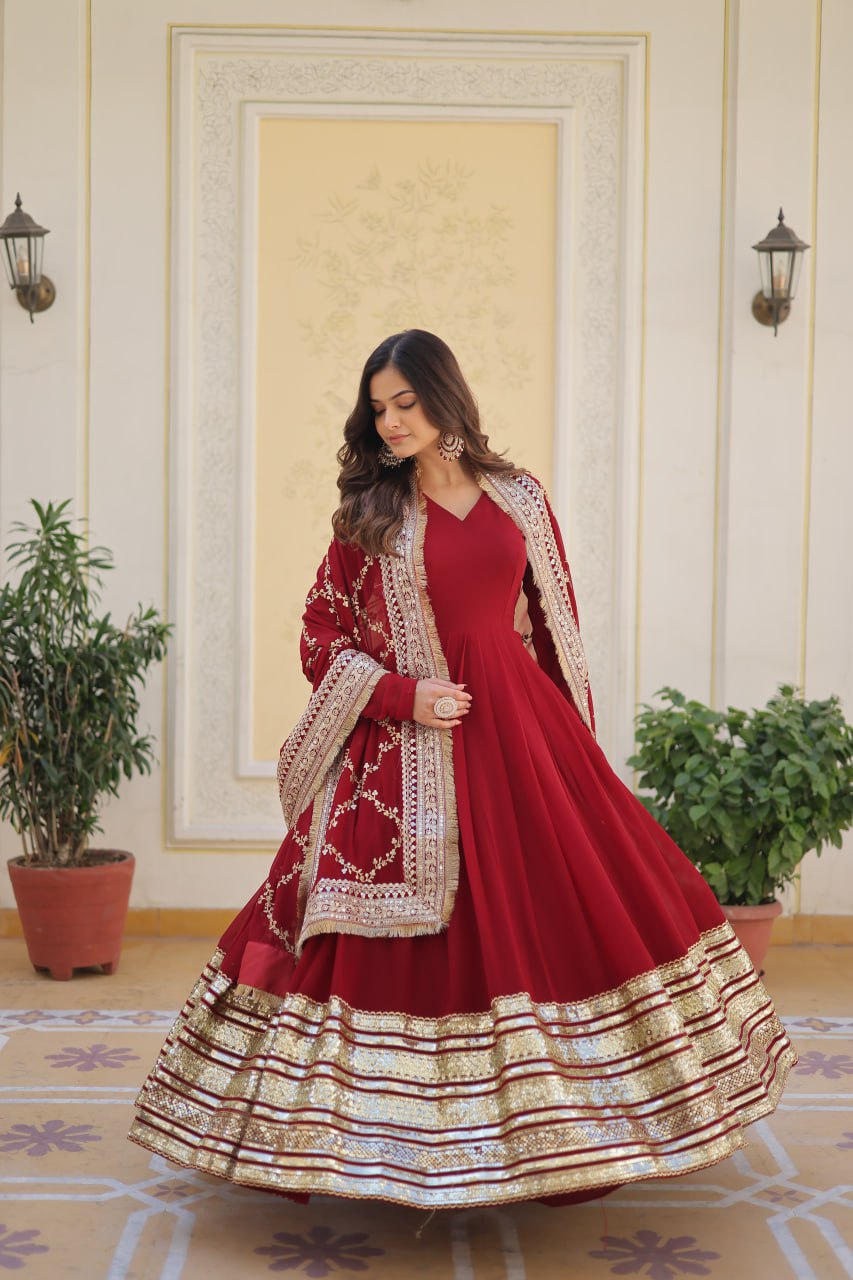 Maroon Embroidered Zari Sequins Faux Blooming Gown With Dupatta
