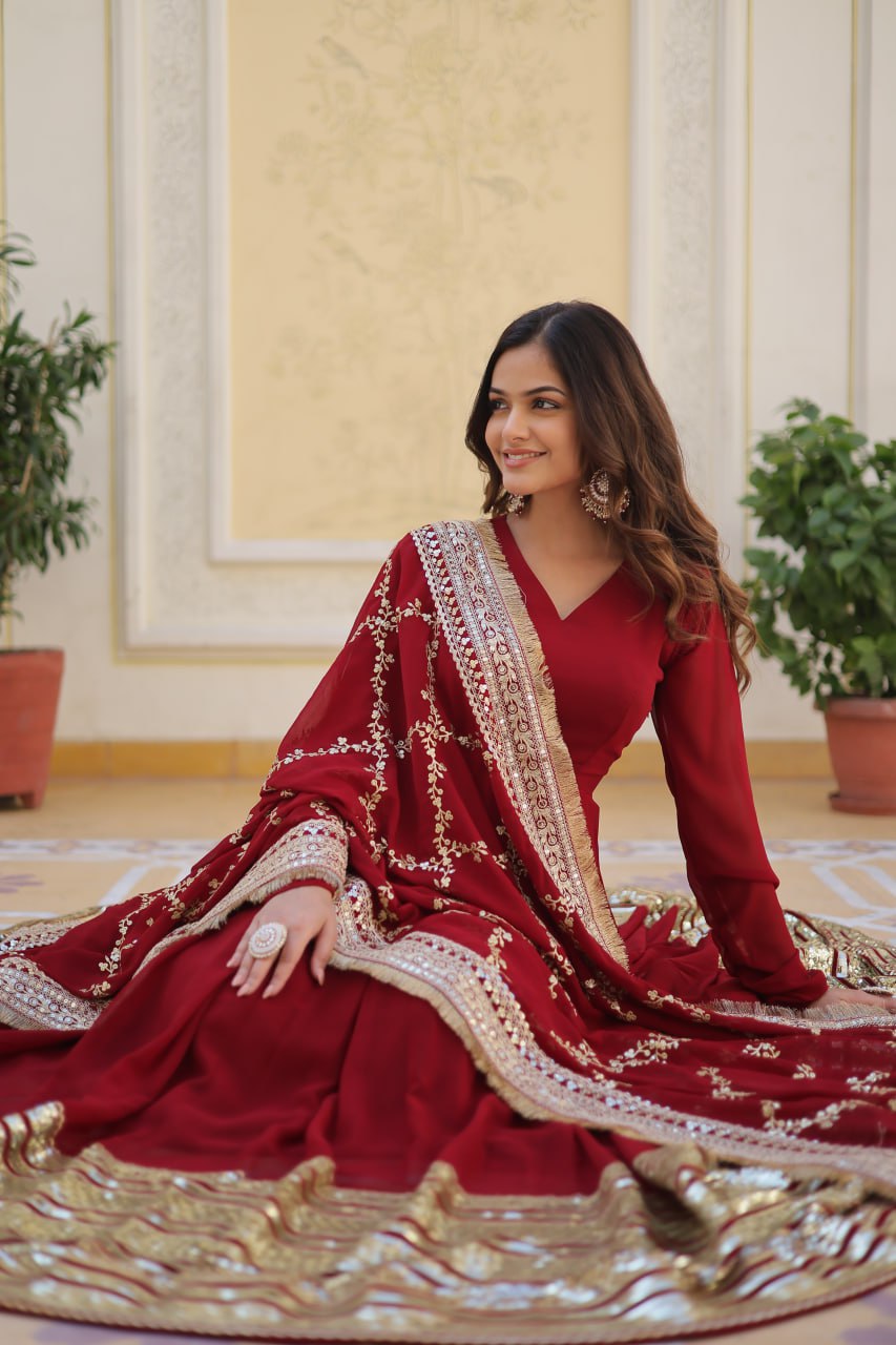 Maroon Embroidered Zari Sequins Faux Blooming Gown With Dupatta