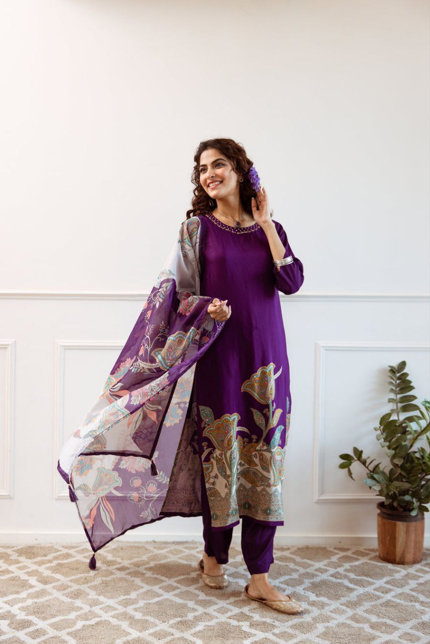 Royal Look Elegant Floral Suit With Printed Dupatta