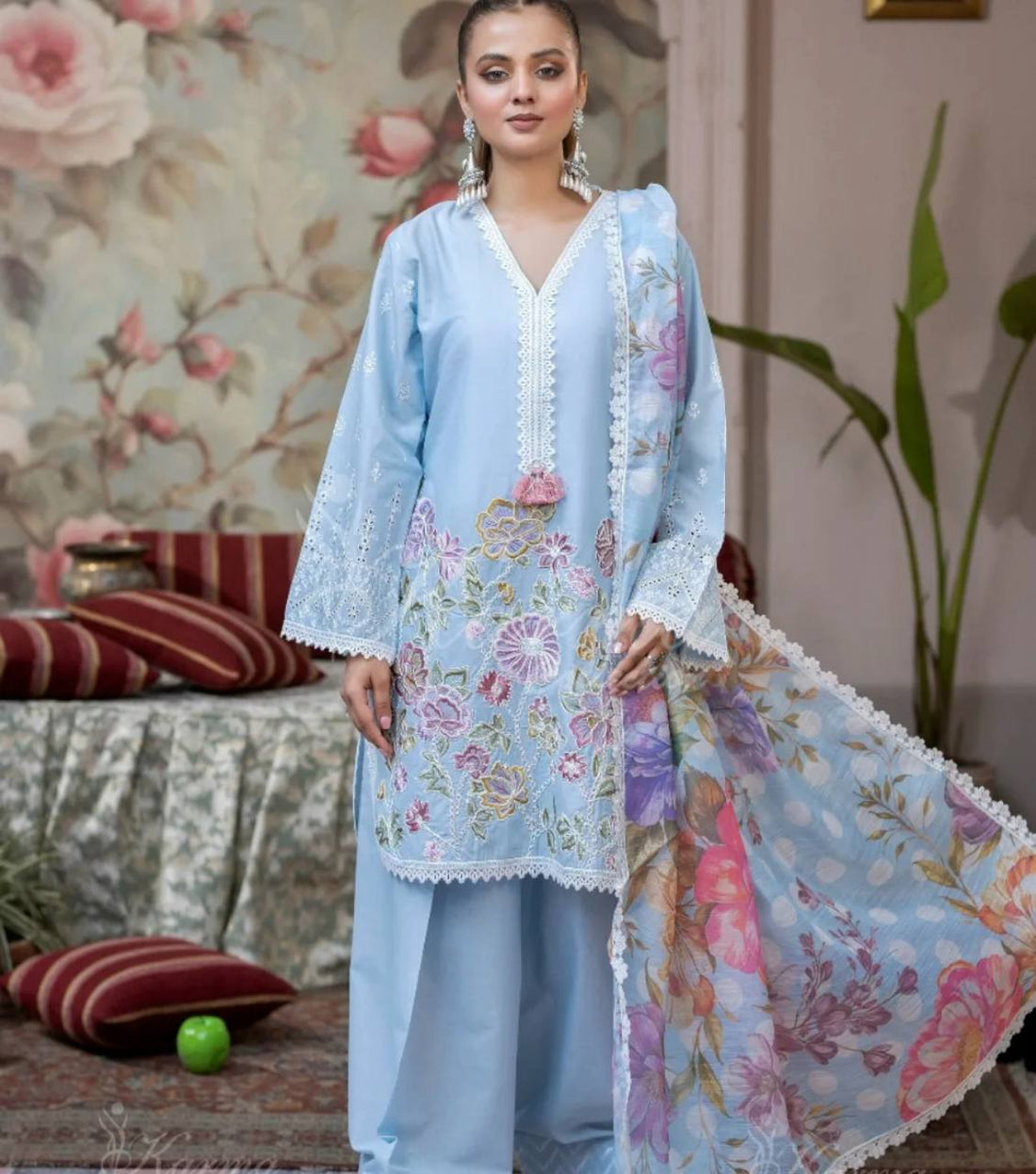 Pastel Bloom Farsi Salwar Suit with Floral Dupatta