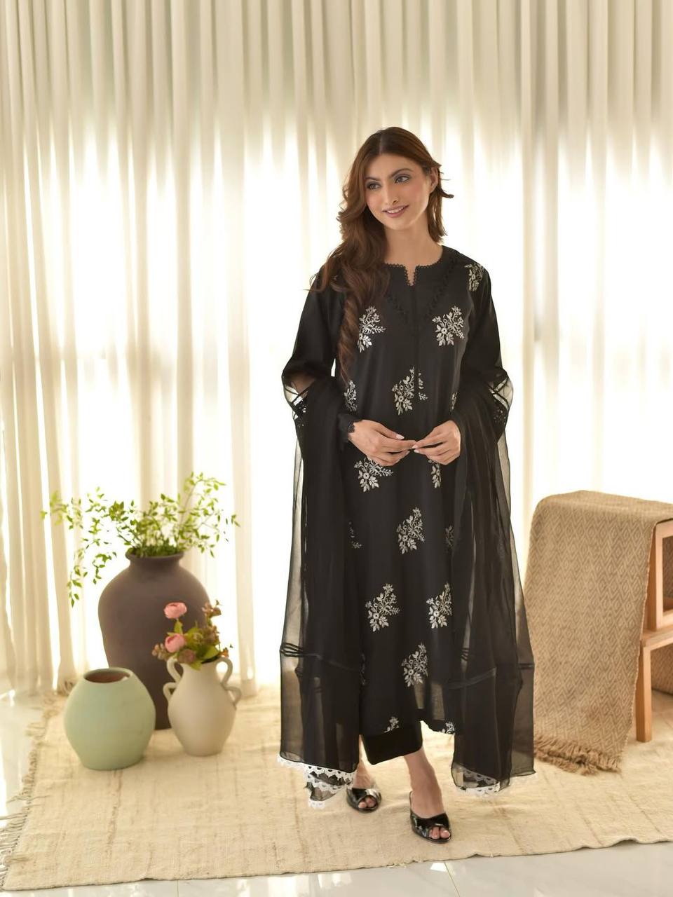Designer Roman Silk Embroidery Suits With Top, Pant & Dupatta