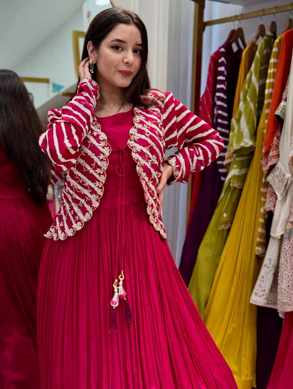 Blooming Georgette Embroidery Work Gown With Stylish Jacket