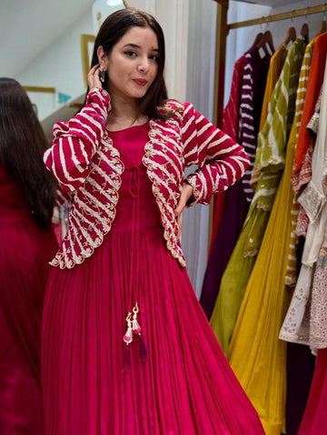 Blooming Georgette Embroidery Work Gown With Stylish Jacket