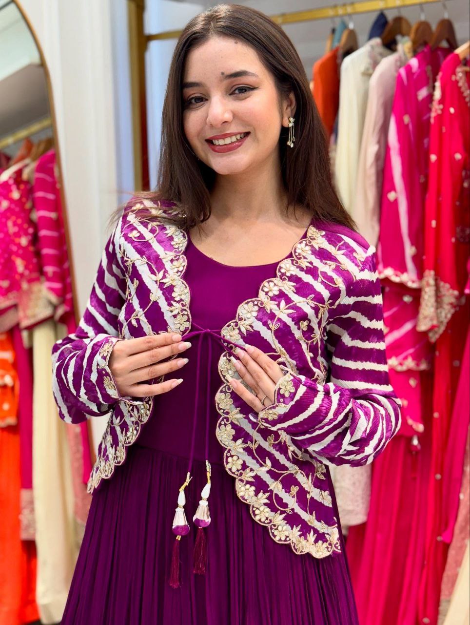 Blooming Georgette Embroidery Work Gown With Stylish Jacket