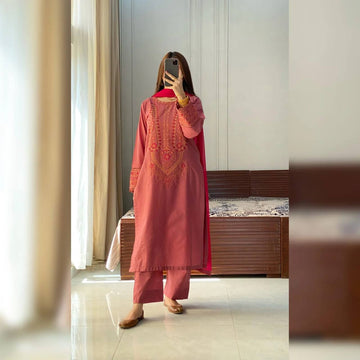 Rose Ember Embroidered Kurta Set With Pant & Dupatta