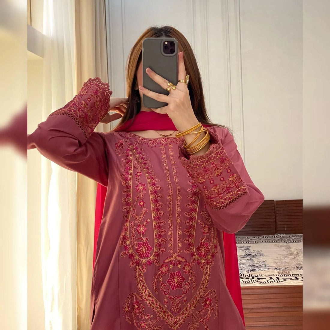 Rose Ember Embroidered Kurta Set With Pant & Dupatta