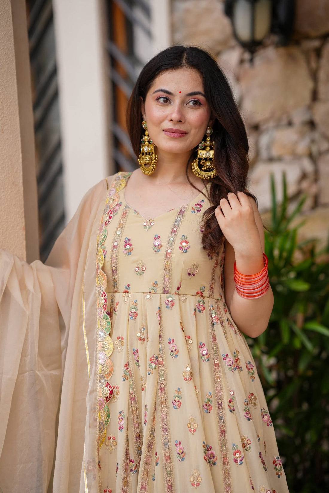 Elegant Beige Anarkali Set with Dupatta – Festive & Wedding Wear