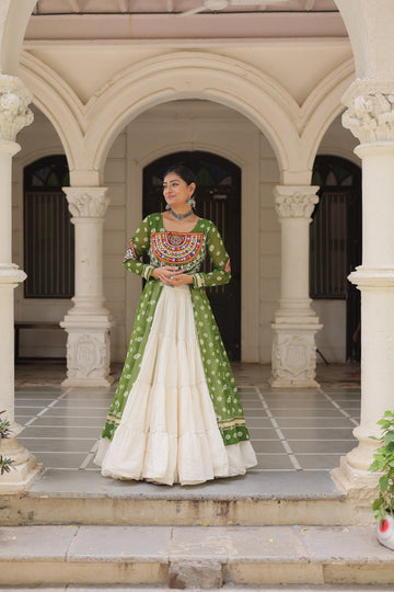 Elegant Traditional Indian Anarkali Dress with Mirror Work Embroidery, Bandhani Print Jacket, and Flowing Off-White Flared Skirt