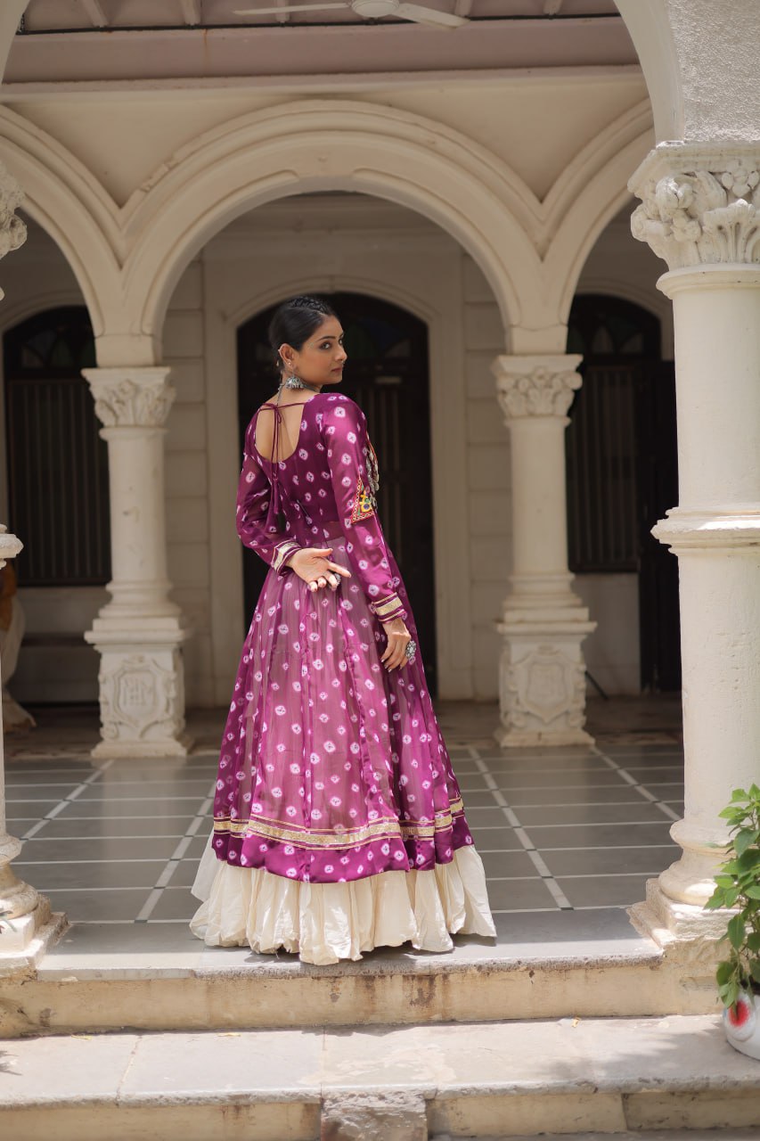 Elegant Traditional Indian Anarkali Dress with Mirror Work Embroidery, Bandhani Print Jacket, and Flowing Off-White Flared Skirt