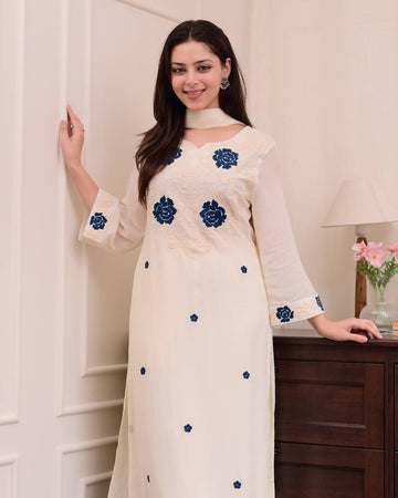 Elegant Kurta Set with Blue Floral Embroidery And Matching Dupatta