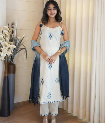 Indigo Delicate Floral Embroidery Kurta Set With Dupatta