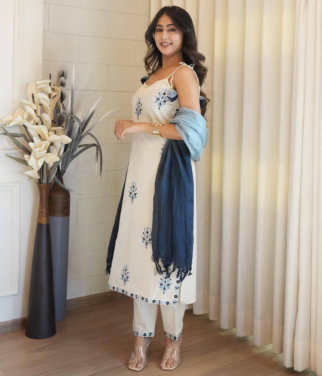 Indigo Delicate Floral Embroidery Kurta Set With Dupatta