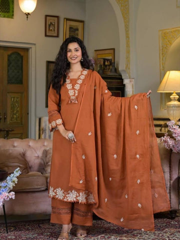 Rust Elegance Traditional Charm Top ,Pant With Dupatta Pair