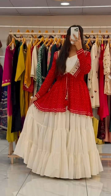 Navratri Special Red Peplum Top with White Flared Skirt Set