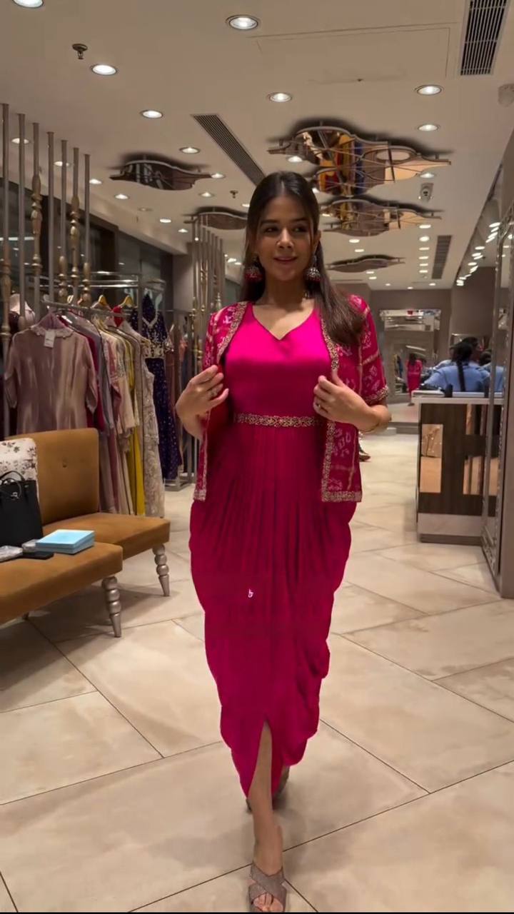 Exclusive One Piece Cowl Dress with Shrug – Printed Chinon & Sequin Work