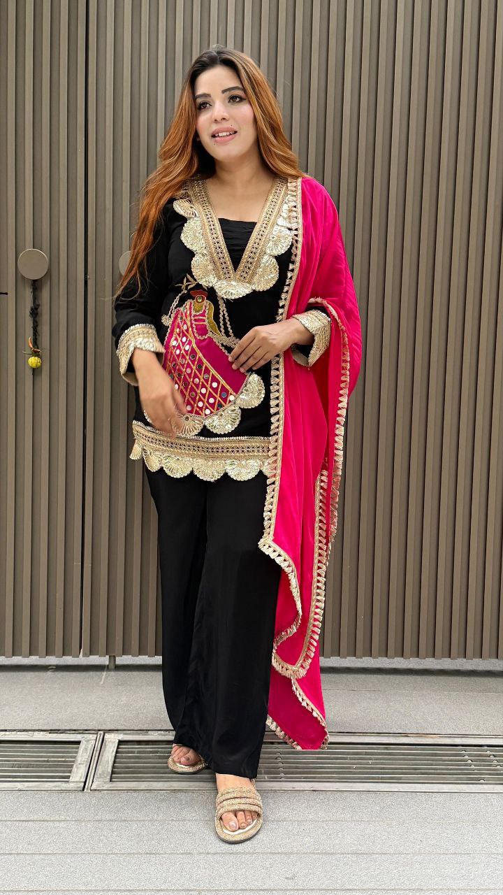 Party Wear Crepe Embroidered Top, Sharara & Dupatta Set