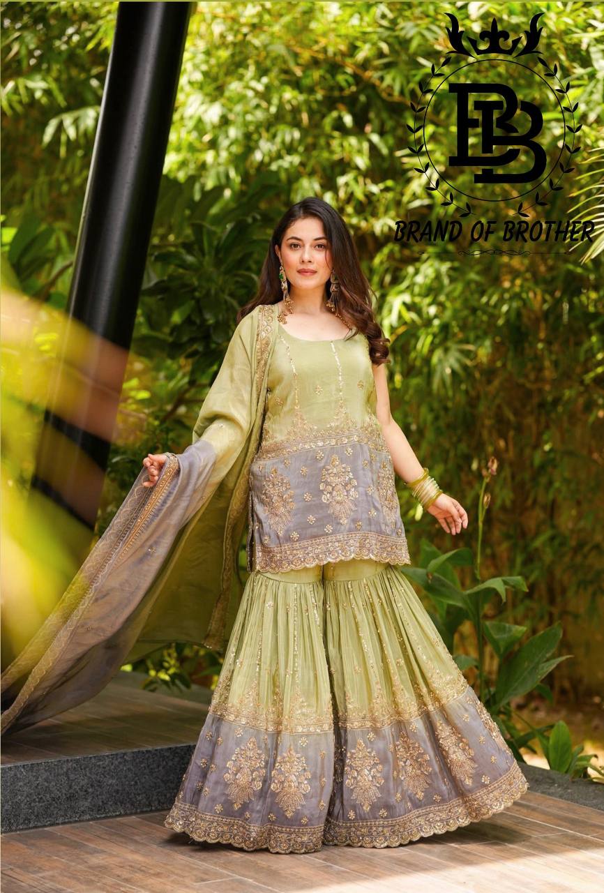 Chinon Shaded Sharara Set with Embroidered Top and Dupatta – Festive Designer Wear