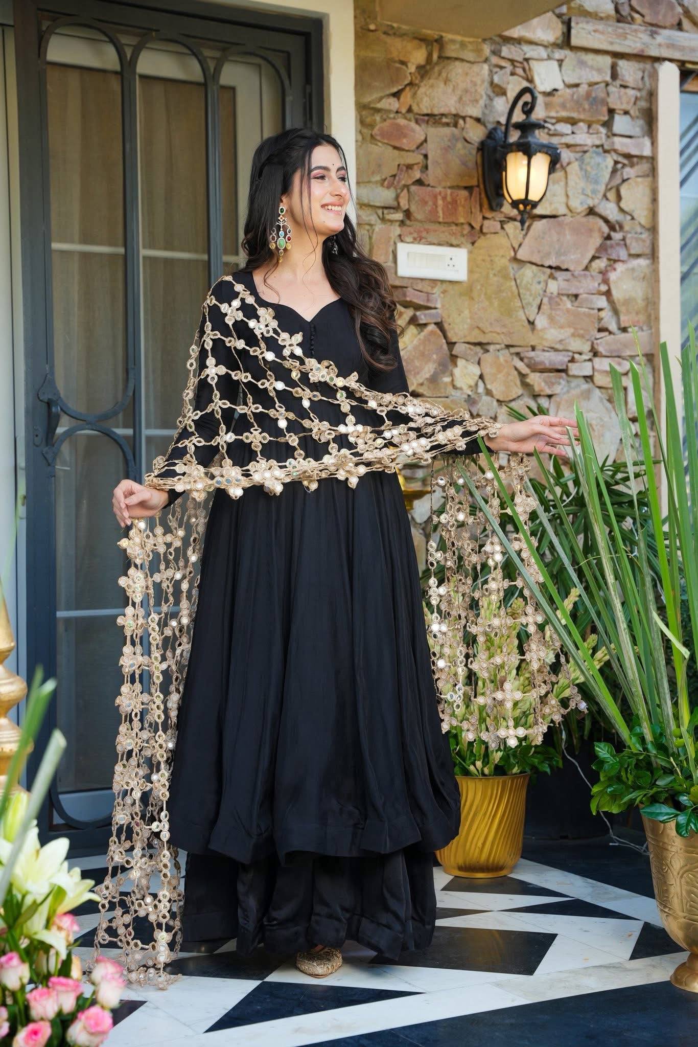 Luxury Black Anarkali Suit  Set With Designer Cape Dupatta