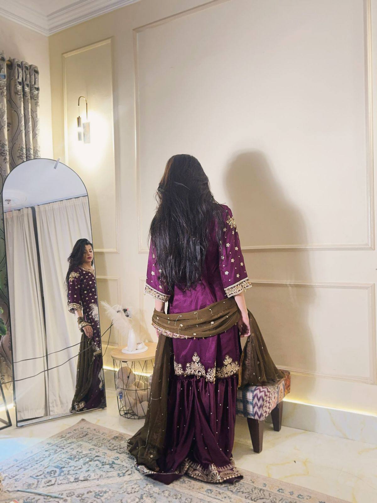 Designer Chinon Silk Kurti Sharara Set with Embroidered Dupatta