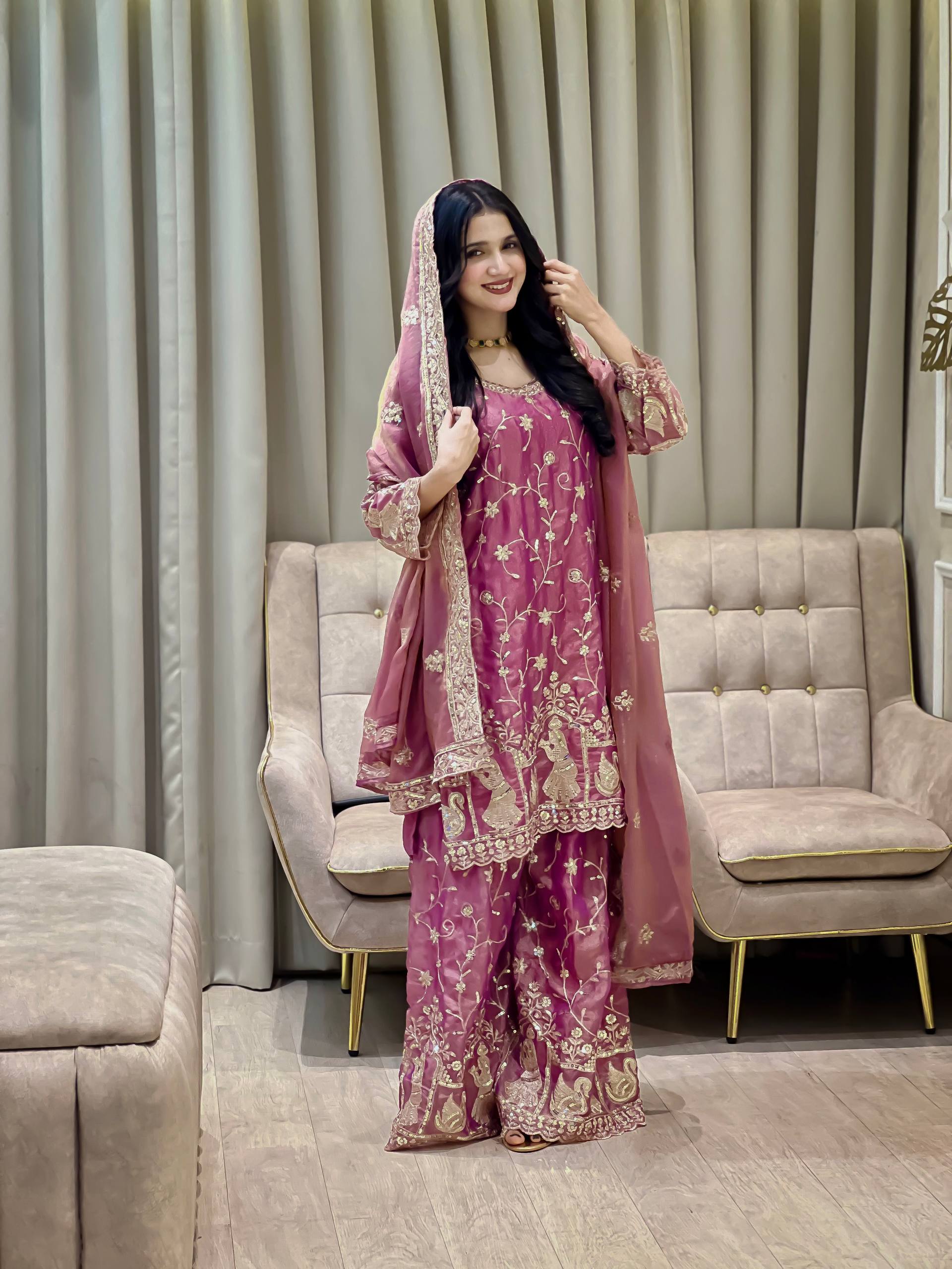 Designer Kurti Plazzo Set with Sequins & Zari Embroidery and Dupatta