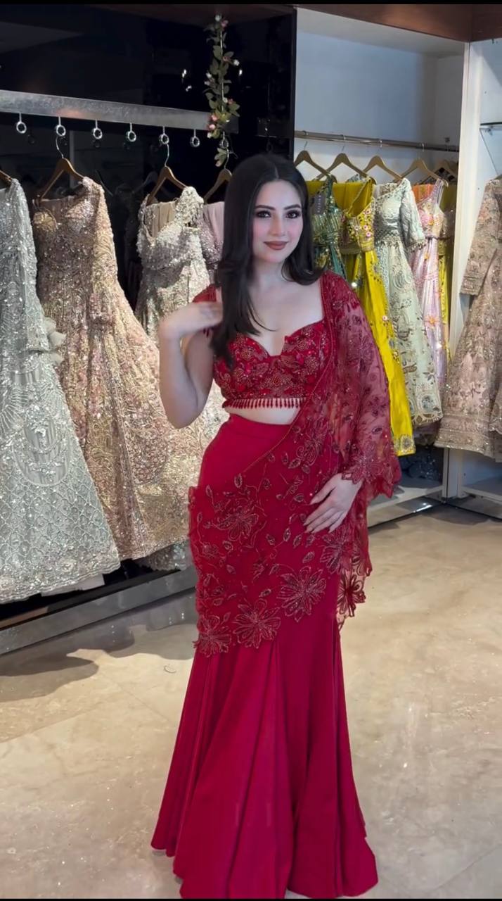 Designer Butterfly Net Embroidered Lehenga Saree with Elegant Thread Work