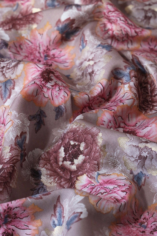 Pink And Beige Floral Print On Viscose Chanderi Silk Fabric