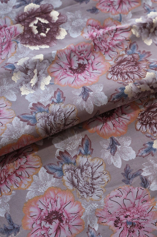Pink And Beige Floral Print On Viscose Chanderi Silk Fabric