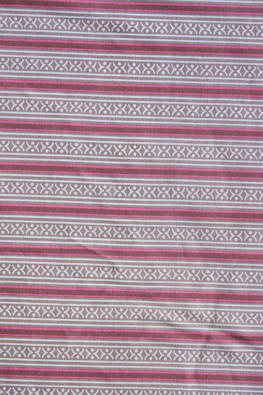 Pink And Beige Stripes Print On Viscose Chanderi Silk Fabric