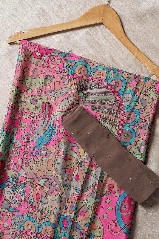 Pink And Brown Saree set (2 Piece)