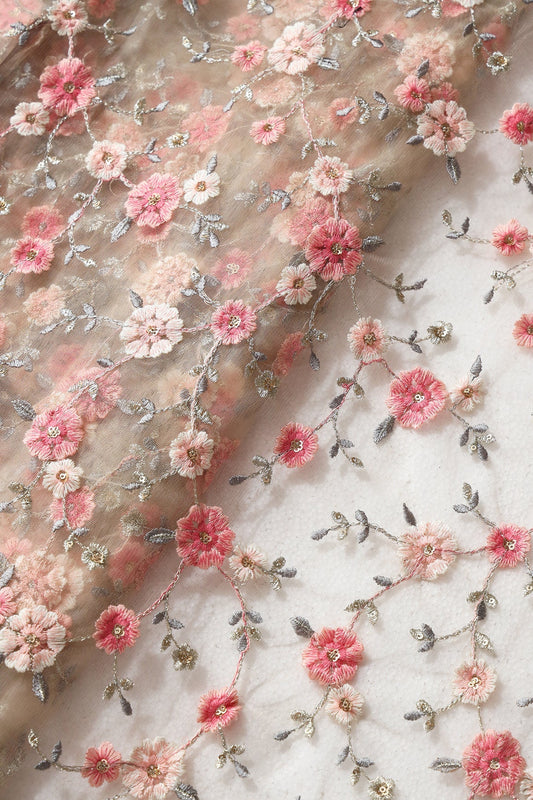 Pink And Cream Thread With Gold Sequins Floral Embroidery On Beige Soft Net Fabric