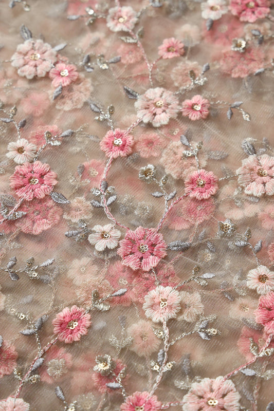 Pink And Cream Thread With Gold Sequins Floral Embroidery On Beige Soft Net Fabric