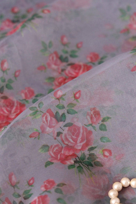 Pink And Green Beautiful Floral Digital Print On Grey Organza Fabric