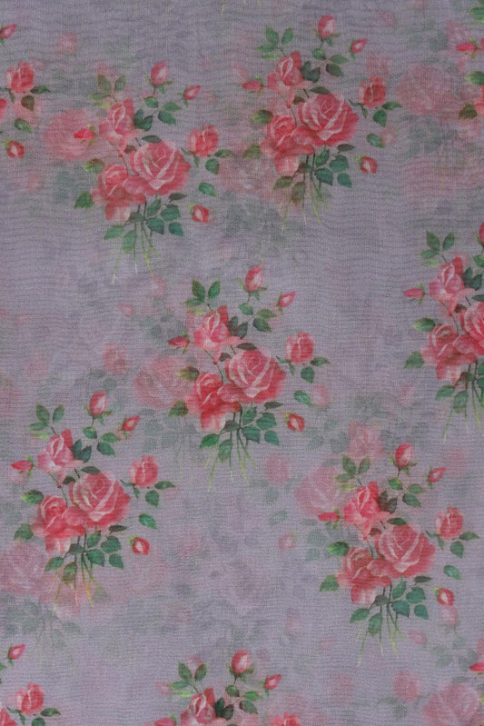 Pink And Green Beautiful Floral Digital Print On Grey Organza Fabric