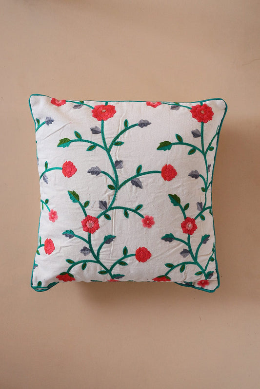 Pink and Green Floral Embroidery on Off White cotton Cushion Cover (16*16 inches)