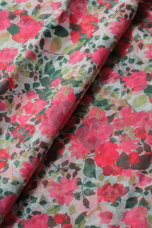 Pink And Green Floral Pattern Digital Print On White Organza Fabric