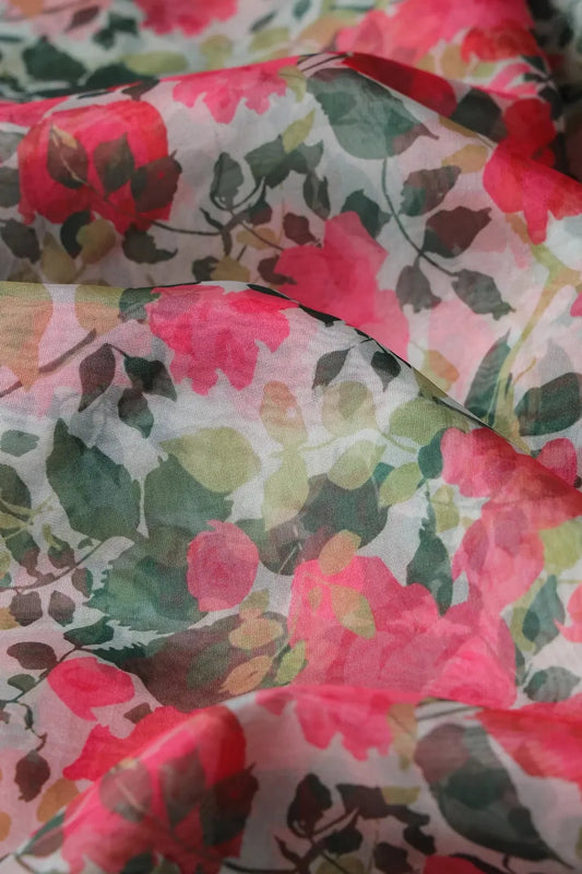 Pink And Green Floral Pattern Digital Print On White Organza Fabric