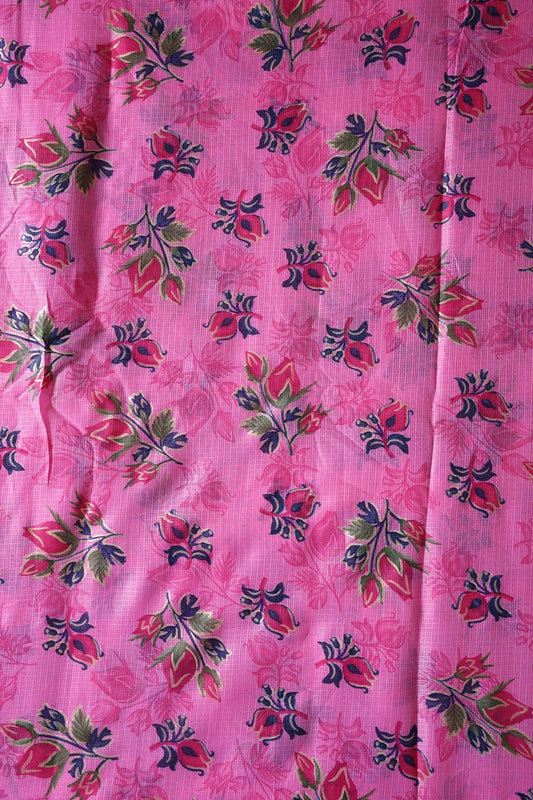 Pink And Green Floral Pattern Foil Print On Dark Pink Kota Doria Fabric