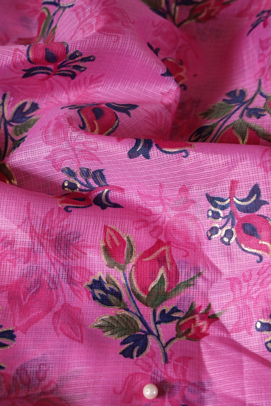 Pink And Green Floral Pattern Foil Print On Dark Pink Kota Doria Fabric