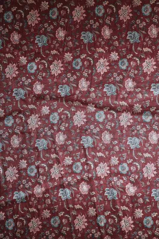 Pink And Grey Floral Pattern Digital Print On Maroon Mulberry Silk Fabric