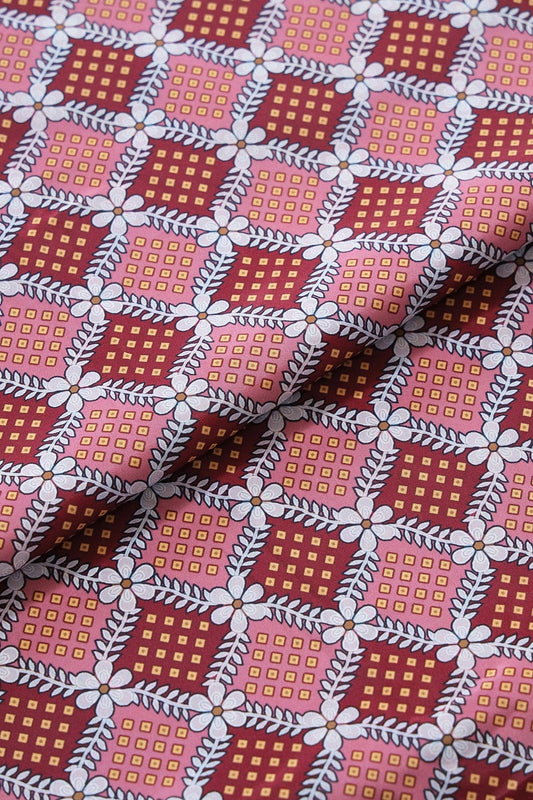 Pink And Maroon Checks Pattern Digital Print On French Crepe Fabric