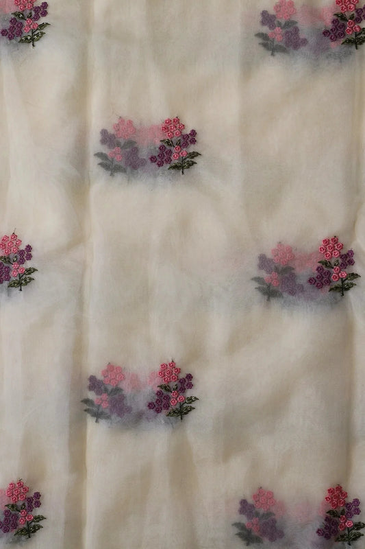 Pink And Mauve Thread With Sequins Floral Embroidery Work On Cream Organza Fabric