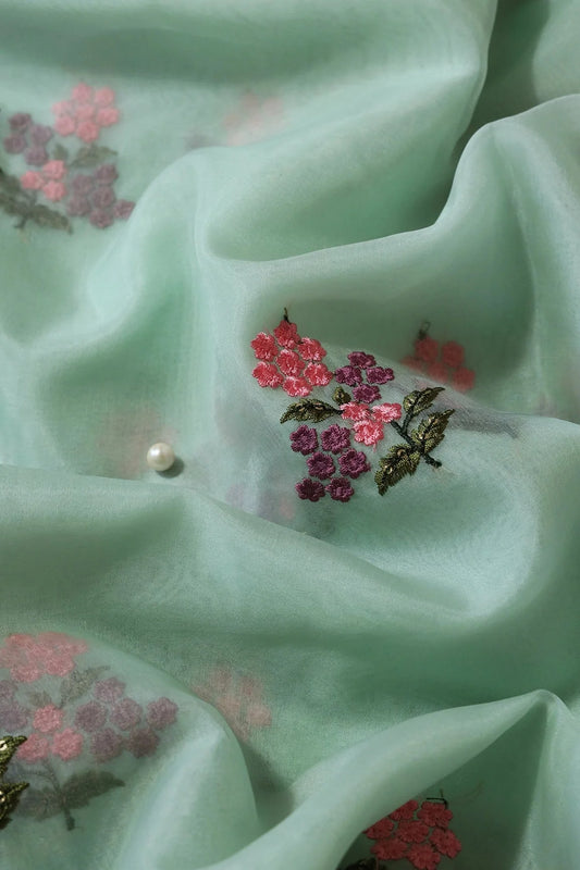 Pink And Mauve Thread With Sequins Floral Embroidery Work On Olive Organza Fabric